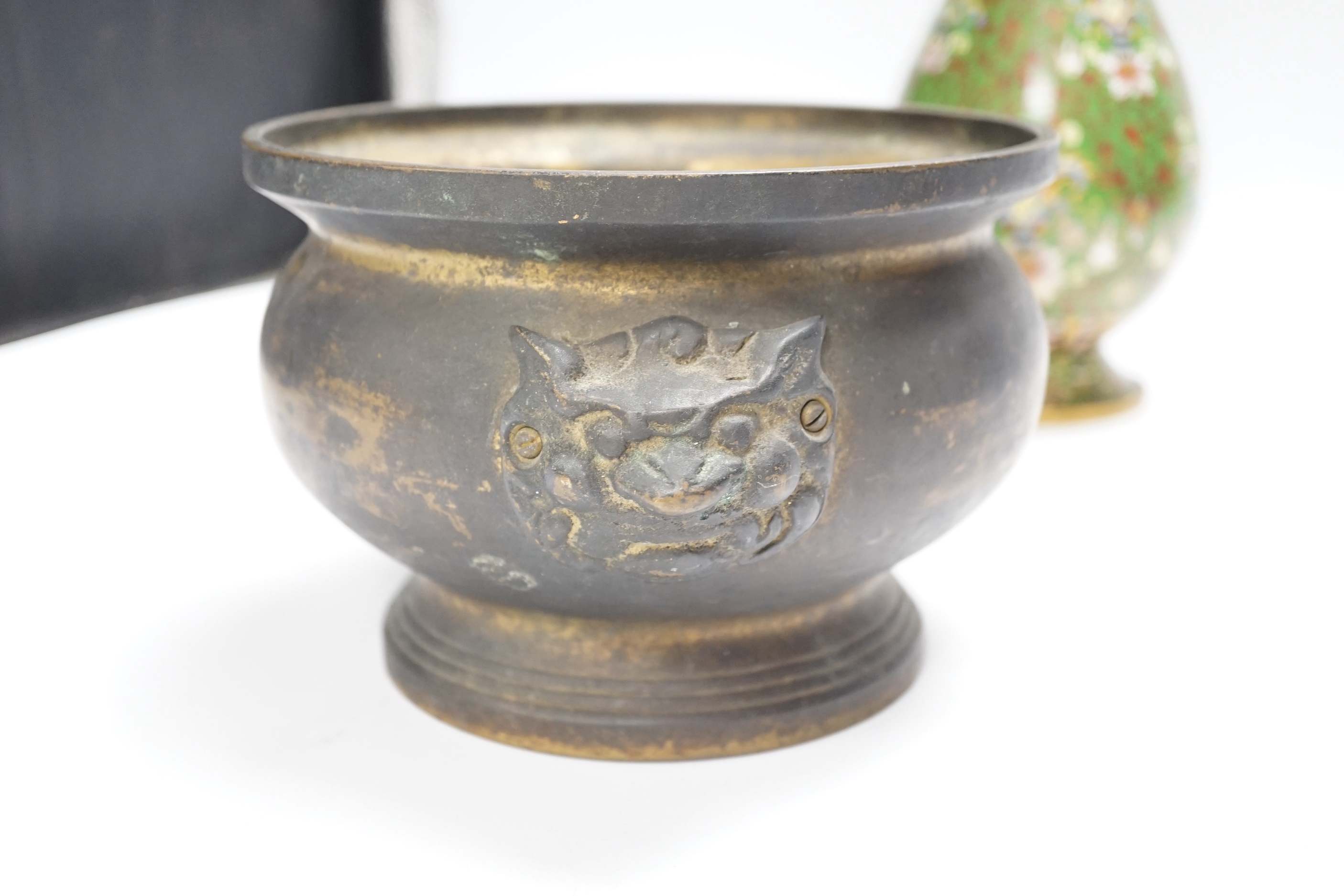 Three Chinese metalware items, a cloisonné vase, an enamel vase, and a brass censor, vase 25.5cm